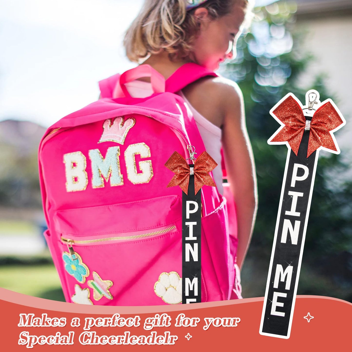 Aileam 6 PCS Cheer Pin Me Ribbon Cheer Bag Bow Keychain with Rhinestones Bow Pin Me Cheer Competition for Teen Girls Cheerleading Sports Accessory(Red Black)