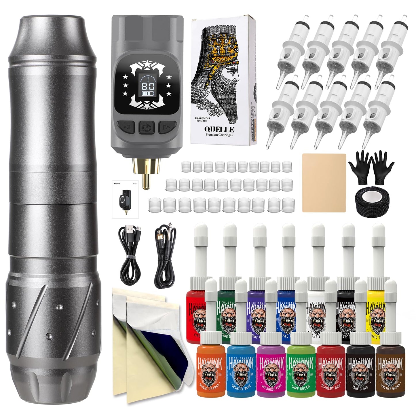 Wireless Tattoo Kit Tattoo Gun Rotary Tattoo Machine+ Tattoo Ink Set 1/2 oz (15ml) Tattoo Supply 14 Colors