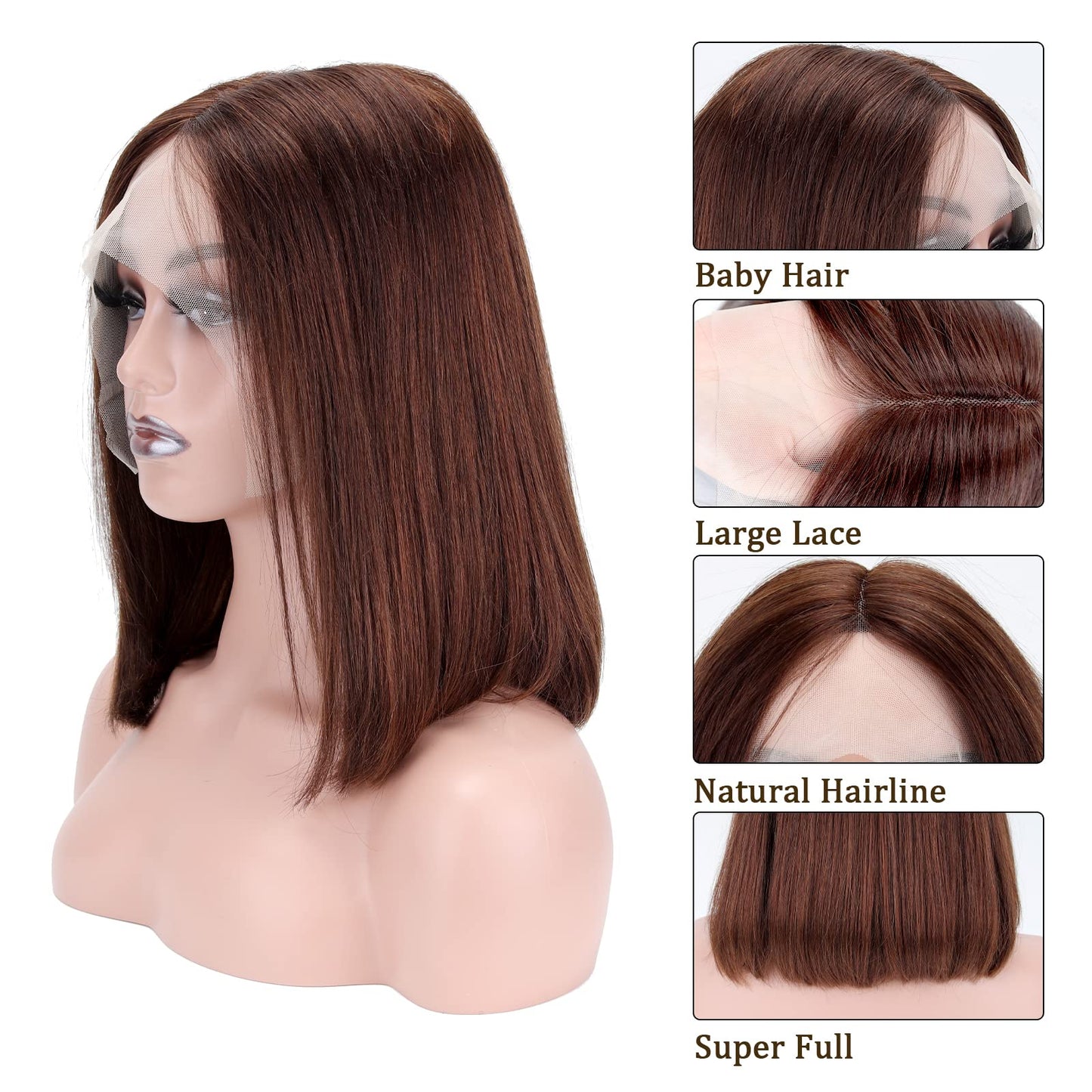 Bob Human Hair Wigs Short Straight Lace Front Wigs Cut Brown Short Curly Human Hair Wigs 180% Density Lace Front Wigs for Black Women Human Hair Plucked Pre Plucked With Baby Hair (4#, 14inch)