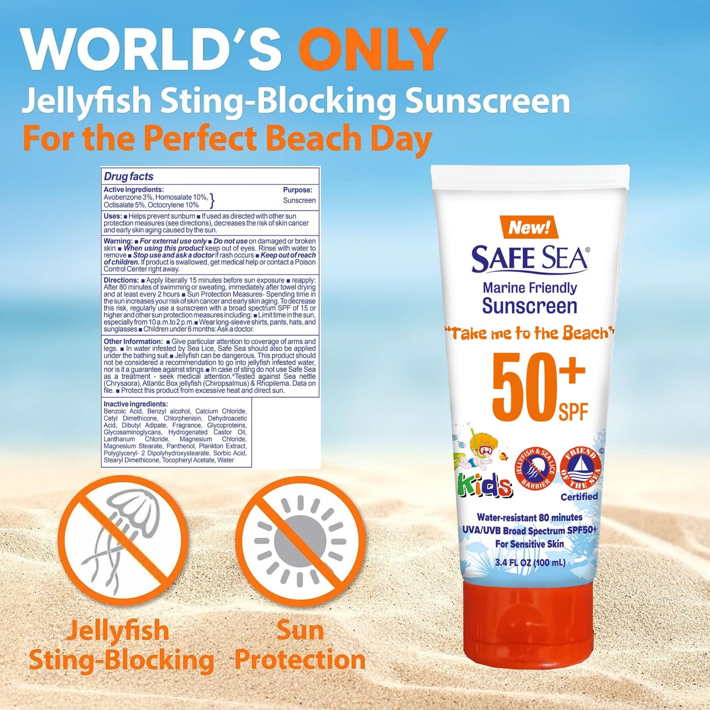 Safe Sea SPF50+ Kids Sunscreen | Travel Size 3.4 oz. | For sensitive skin | anti-jellyfish and Sea Lice sting protective lotion | Coral reef safe sunscreen (3.4 oz. tube 2 pack)