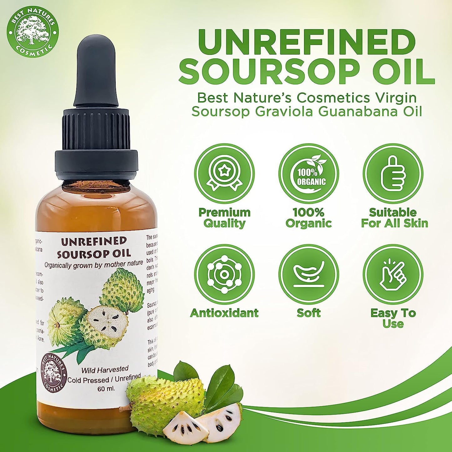 Best Nature's Cosmetics Virgin Soursop Graviola Guanabana Oil (Organic, Undiluted, Unrefined) 2oz / 60 ml – Natural Moisturizer for Dry and Damaged Skin.
