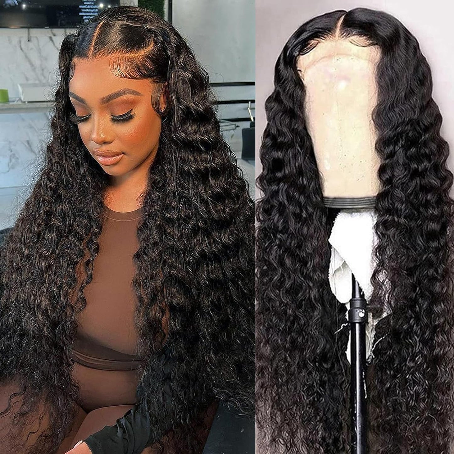 YOUJING Deep Wave Lace Front Wigs Human Hair 13x4 HD Transparent Lace Frontal Curly Wigs for Women Human Hair 180% Density Glueless Wigs Human Hair Pre Plucked with Baby Hair Natural Color(24 inch)
