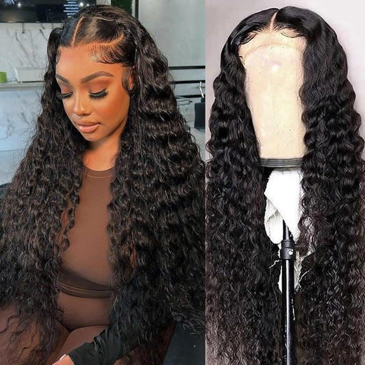 YOUJING Deep Wave Lace Front Wigs Human Hair 13x4 HD Transparent Lace Frontal Curly Wigs for Women Human Hair 180% Density Glueless Wigs Human Hair Pre Plucked with Baby Hair Natural Color(24 inch)