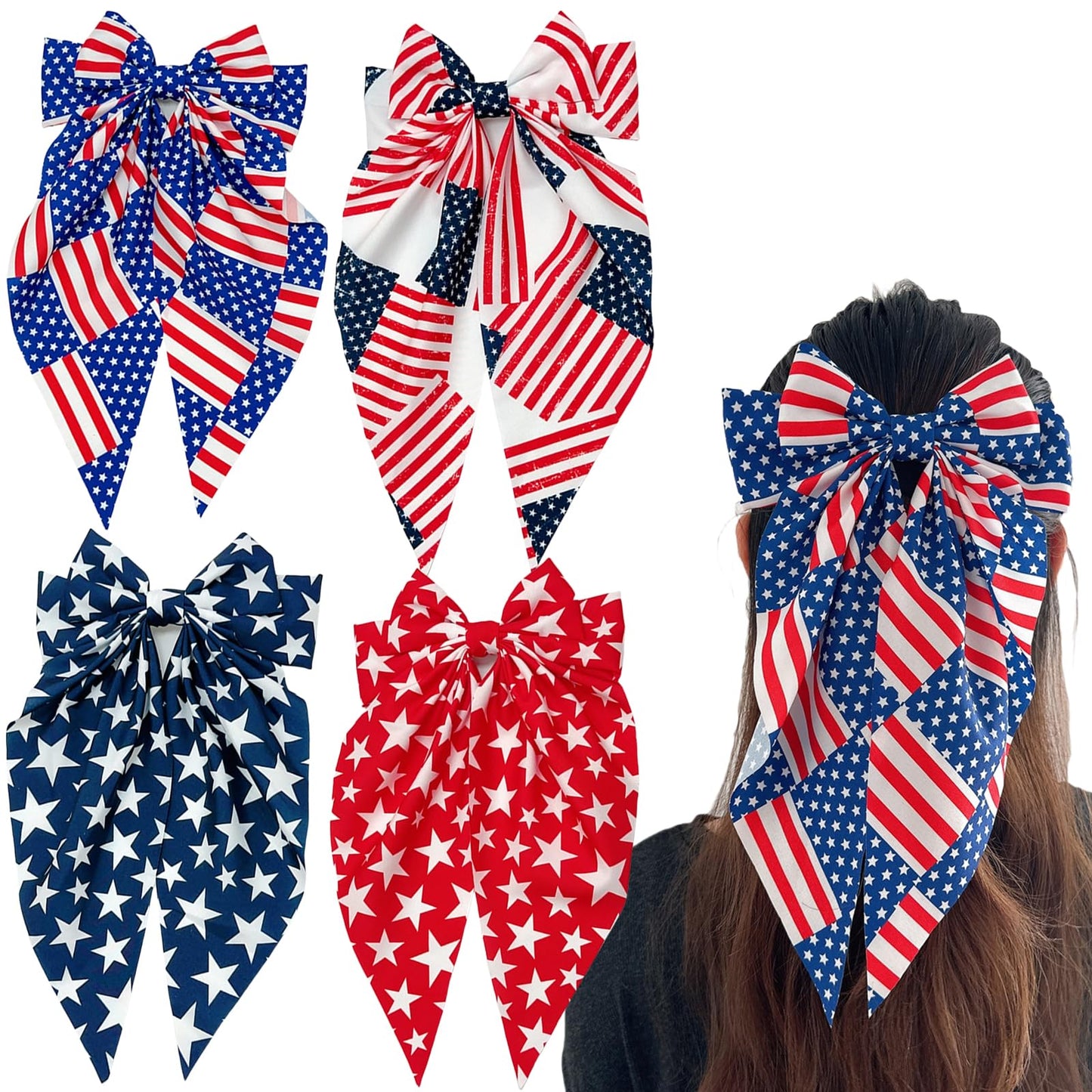 4th of July Large Patriotic Bow Hair Clips - American Flag Independence Day Hair Accessories for Girls, Toddlers, Kids, Little Girls