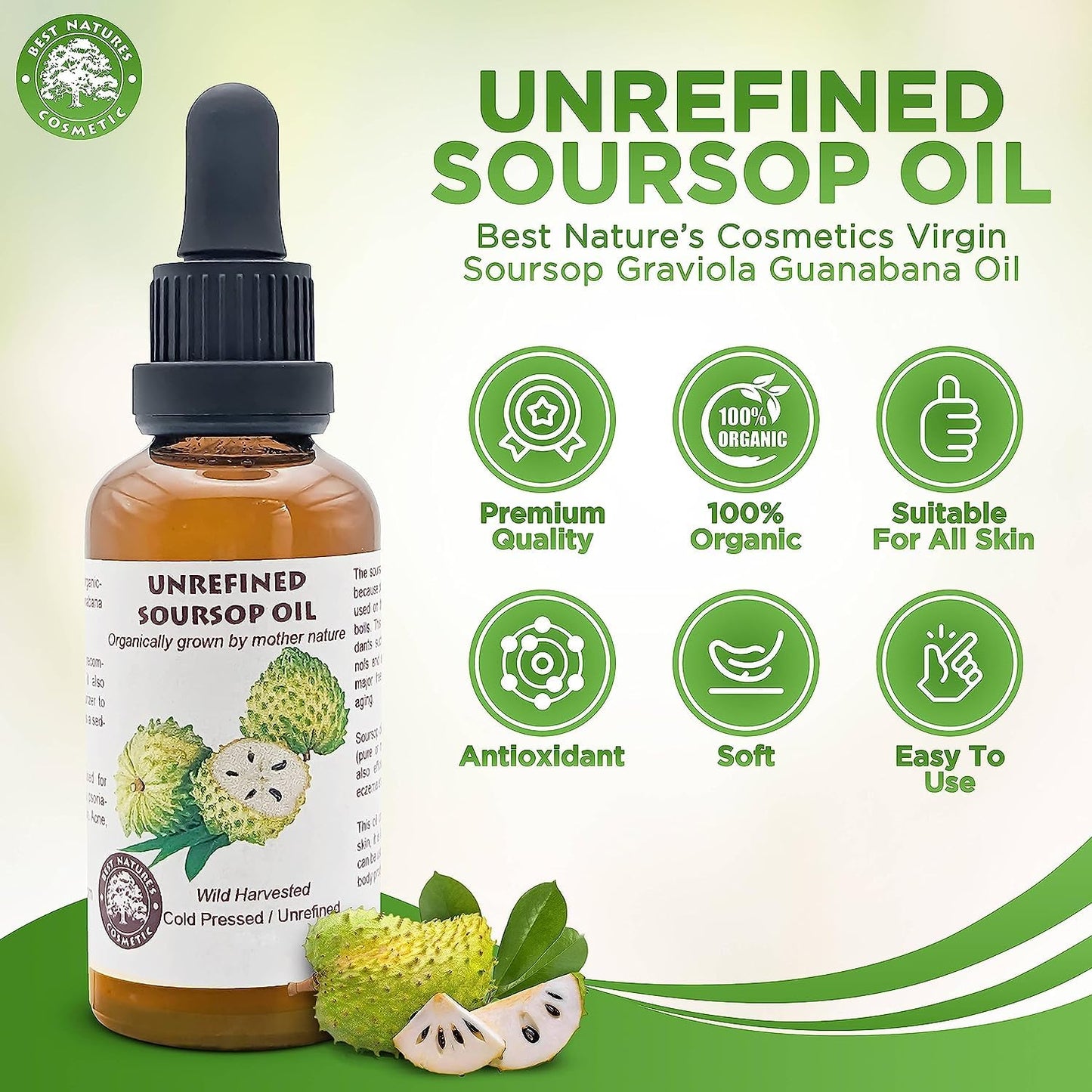 Best Nature's Cosmetics Virgin Soursop Graviola Guanabana Oil (Organic, Undiluted, Unrefined) 2oz / 60 ml – Natural Moisturizer for Dry and Damaged Skin.