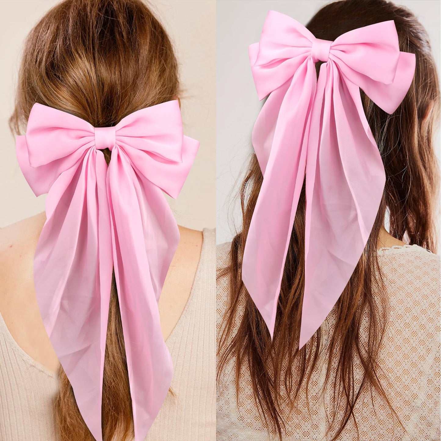 Wecoe 4pcs Pink Satin Hair Accessories for Women - Big Bows, Barrettes, Clips for Wedding, Bride, Party, Gift for Girls