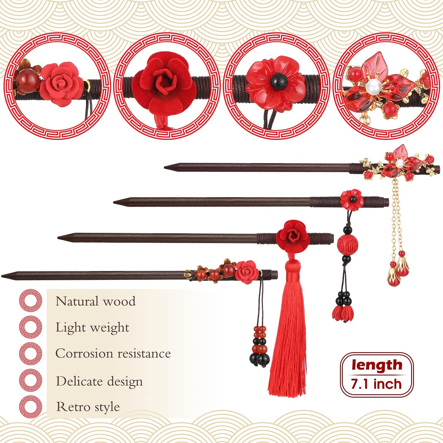 Waydress 4 Pcs Retro Geisha Red Wooden Hairpins Japanese Hair Stick Asian Hair Chopsticks Handmade Flower Tassel Hair Accessories with Tassel for Women Girl Long Hair (Classic Style)