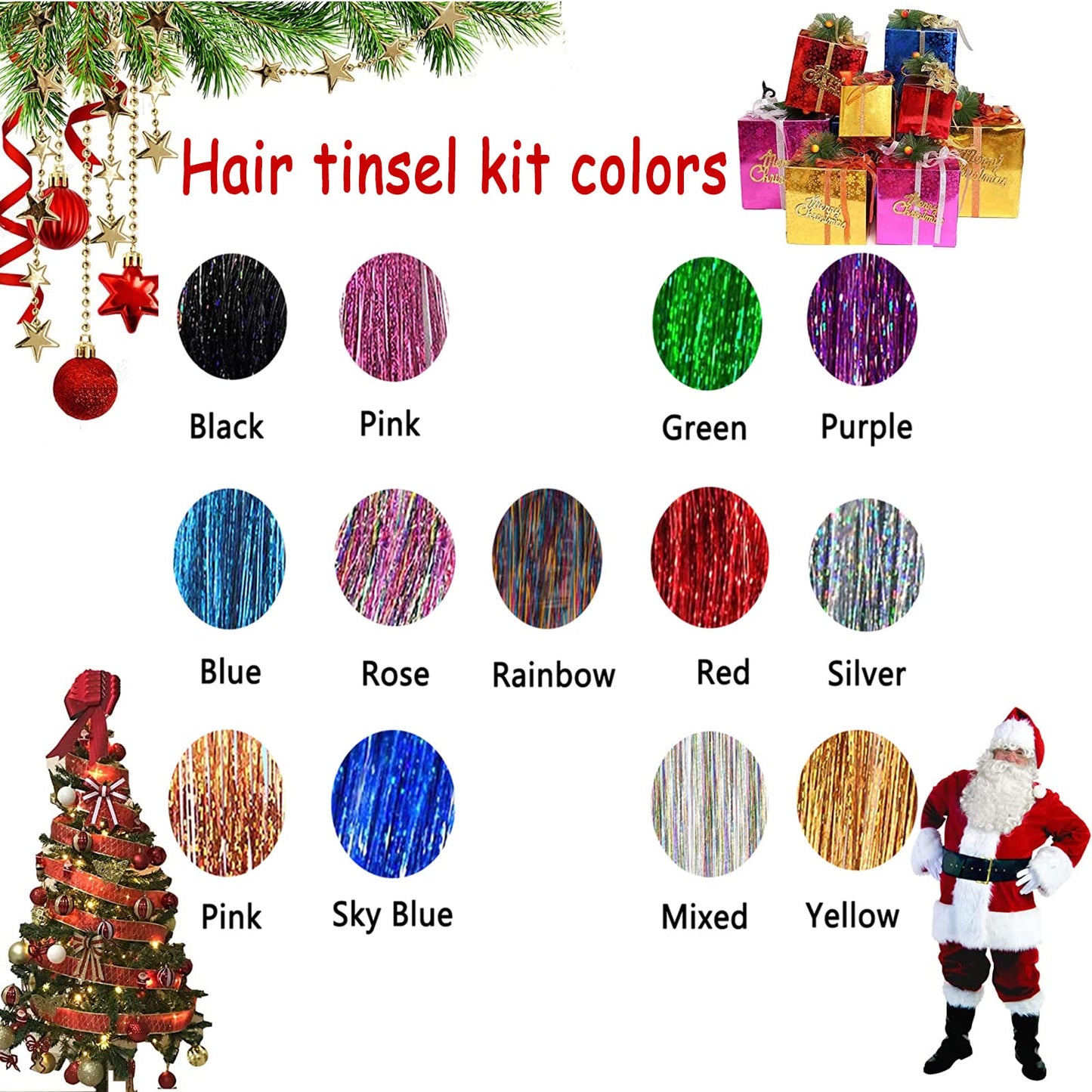 13 Colors Tinsel Hair Extensions-48 Inches Hair Tinsel Kit 2600 Strands Mixed Colors Tinsel Hair Extensions for Women Girls,Heat Resistant Sparkling Shiny hair tinsel kit