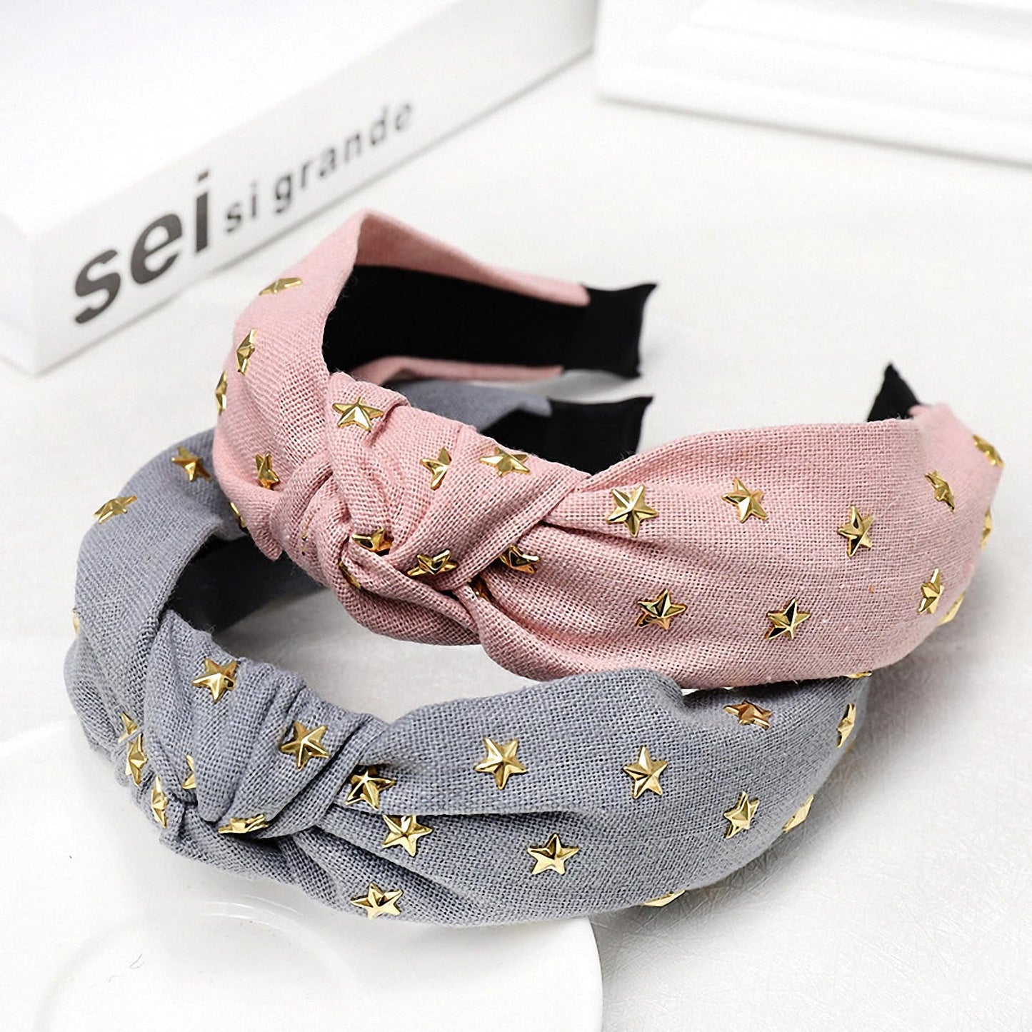 Women Bohemian Ethnic Denim Braided Headband with Hot Stamping Metal Cute Star-Studded Center Twisted Knot Design Hair Band Wide Edge Three-Dimensional Non-Slip Vintage Embellishments Hair Hoop