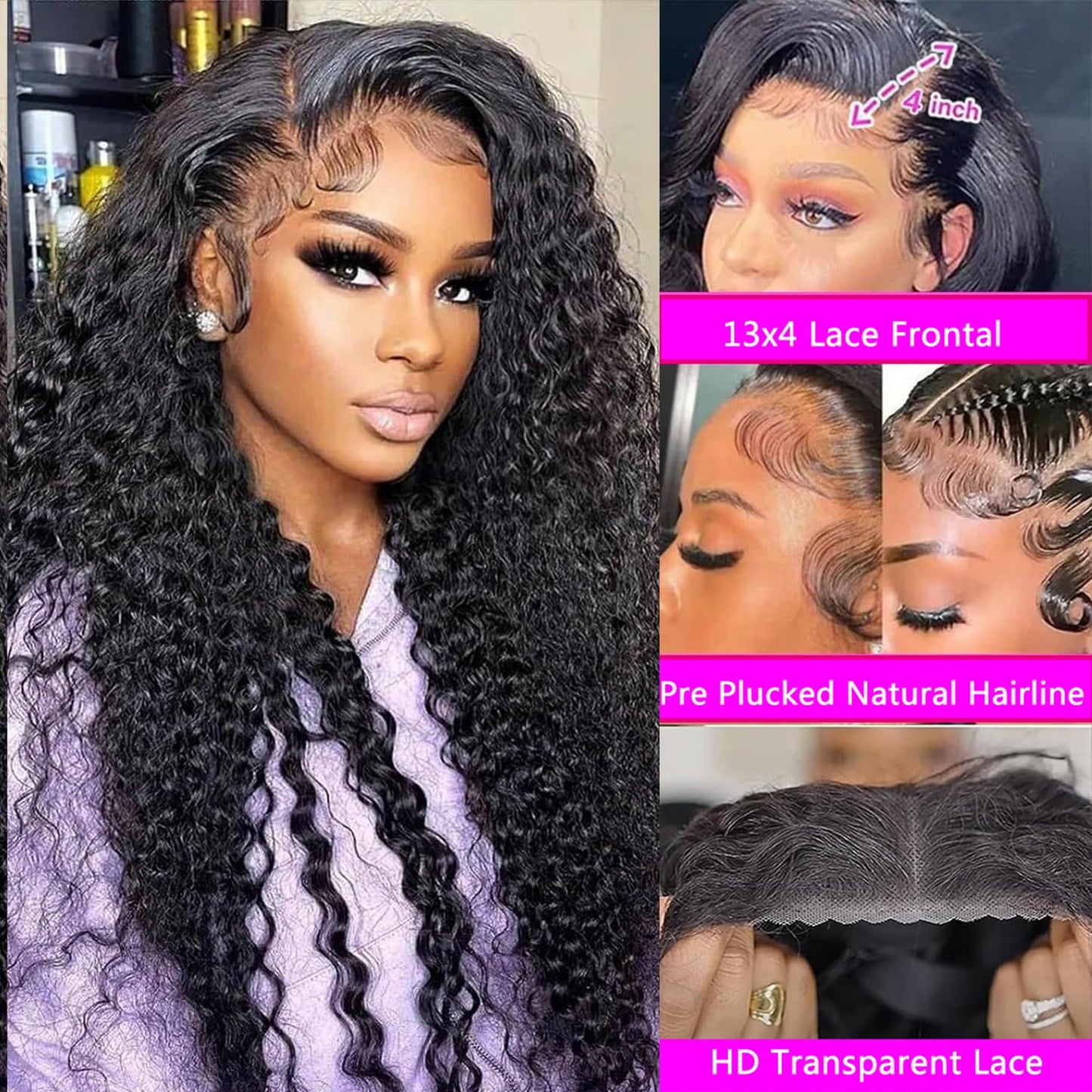Wear and Go Glueless Wigs Human Hair Pre Plucked Pre Cut for Beginners Deep Wave Lace Front Wigs Human Hair for Women HD Lace Frontal Wigs 180% Density 13x4 Curly Lace Wig with Baby Hair 20inch