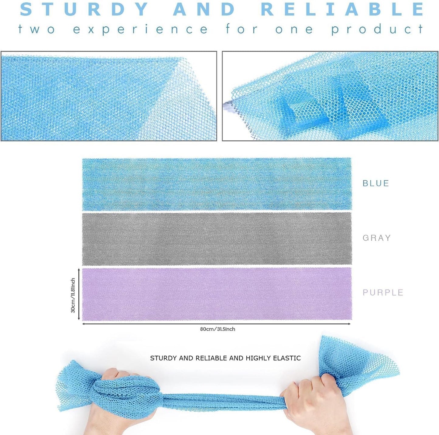 3 Pieces African exfoliating net African Net Long Net Bath Sponge Exfoliating Shower Body Scrubber Back Scrubber Skin Smoother,Great for Daily Use (Purple Gray Blue)