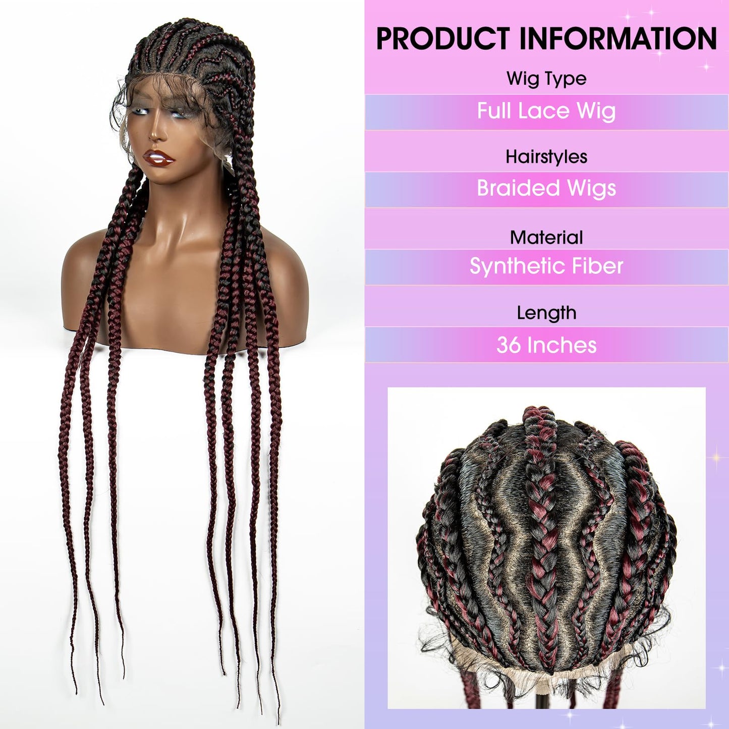 sedittyhair Braided Wigs Synthetic Full Head Lace Wig Braided Wigs for Black Women 36 Inches Braiding Hair Burgundy Color Lace Frontal Lightweight Artificial Braids Wigs with Baby Hair