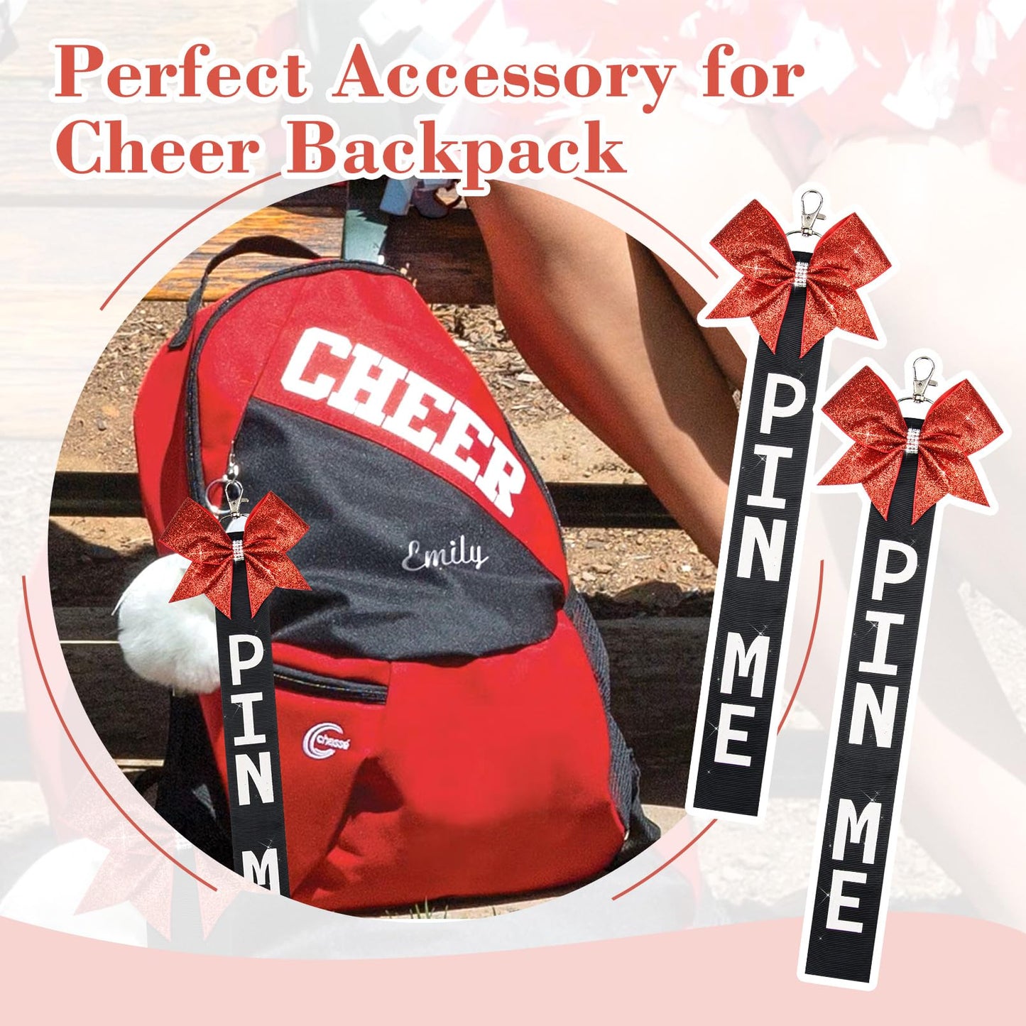 Aileam 6 PCS Cheer Pin Me Ribbon Cheer Bag Bow Keychain with Rhinestones Bow Pin Me Cheer Competition for Teen Girls Cheerleading Sports Accessory(Red Black)