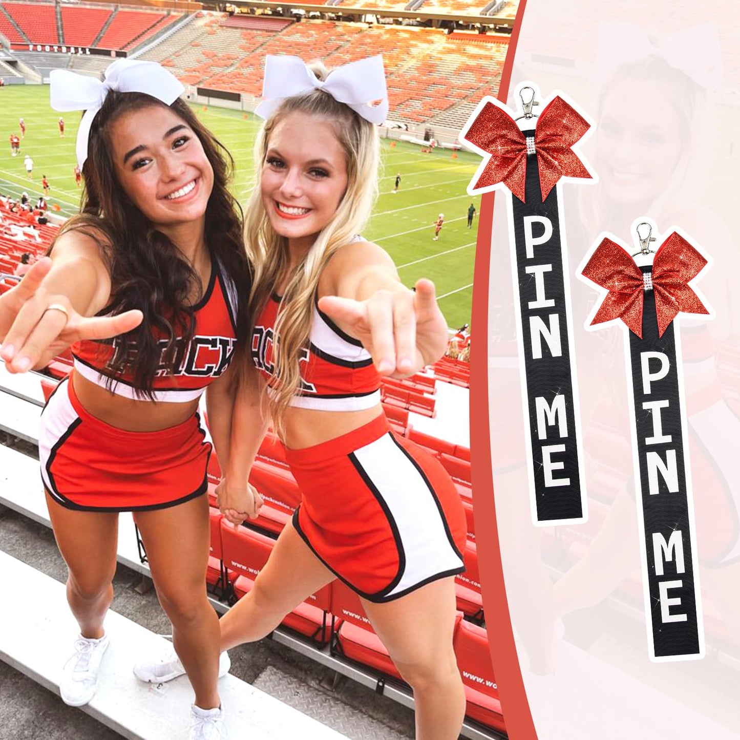 Aileam 6 PCS Cheer Pin Me Ribbon Cheer Bag Bow Keychain with Rhinestones Bow Pin Me Cheer Competition for Teen Girls Cheerleading Sports Accessory(Red Black)