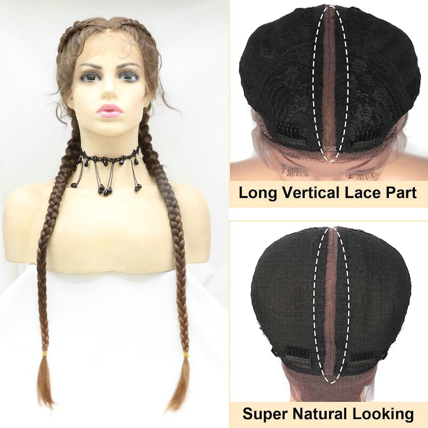 1B/30 Mixed Brown Blonde Double Braided Wigs with Baby Hair Ombre Brown Synthetic Lace Front Wigs for Women Long Synthetic Lace Frontal Large Dutch Box Braided Wigs Daily Cosplay Party Use