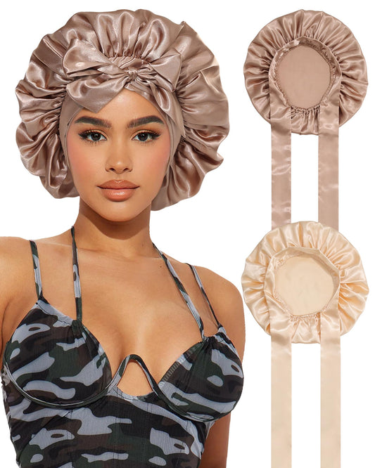 2PCS Satin Bonnet Silk Bonnet for Sleeping Women Curly Hair Bonnet with Tie Band Bonnet Sleep Cap (US, Numeric, 7 7/8, 8, Beige + Champagne)