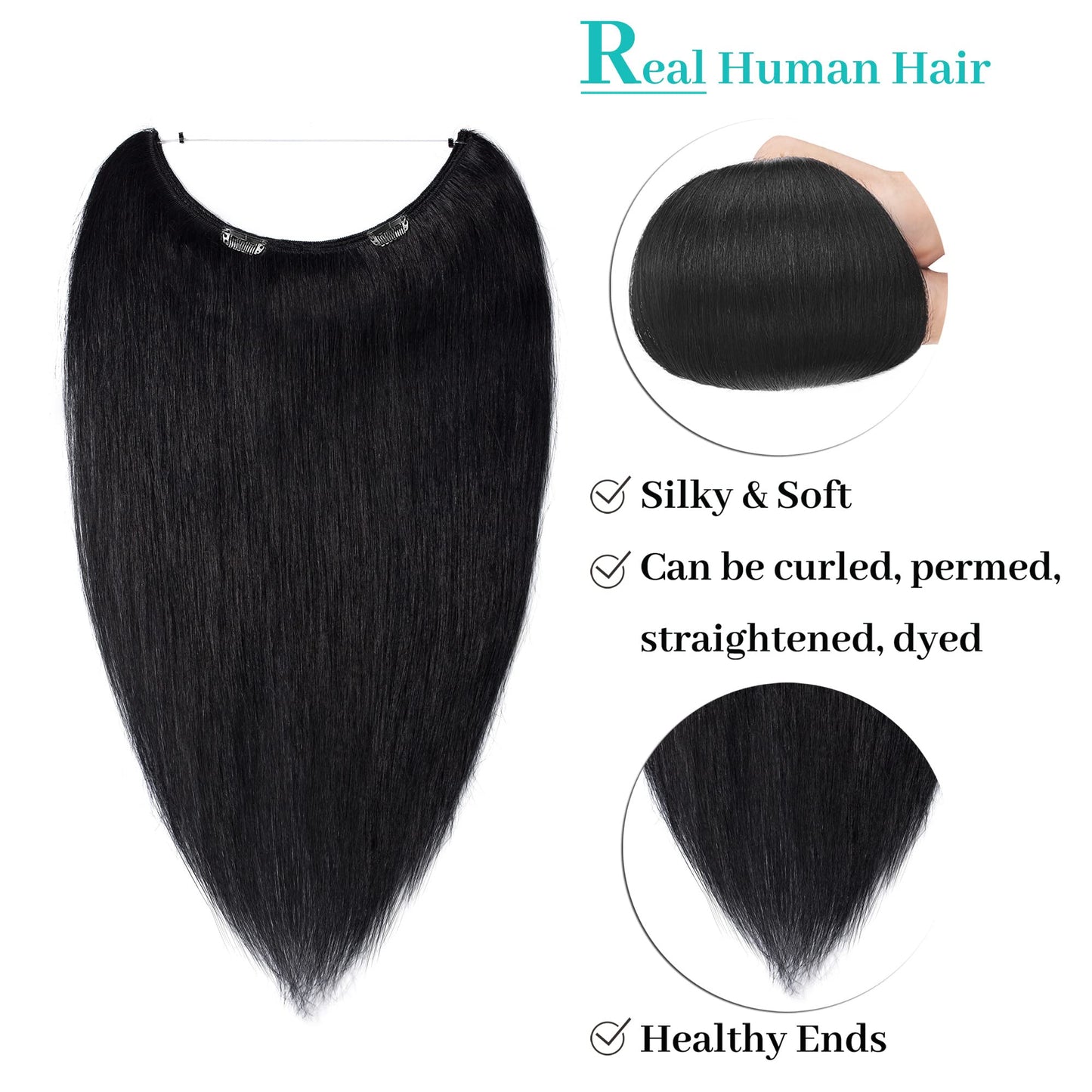 S-noilite Invisible Wire Human Hair Extensions 20inch 70g Secret Hairpieces with 2 Clips Adjustable Headband Fish Line Hairpieces For Women #1 Jet Black