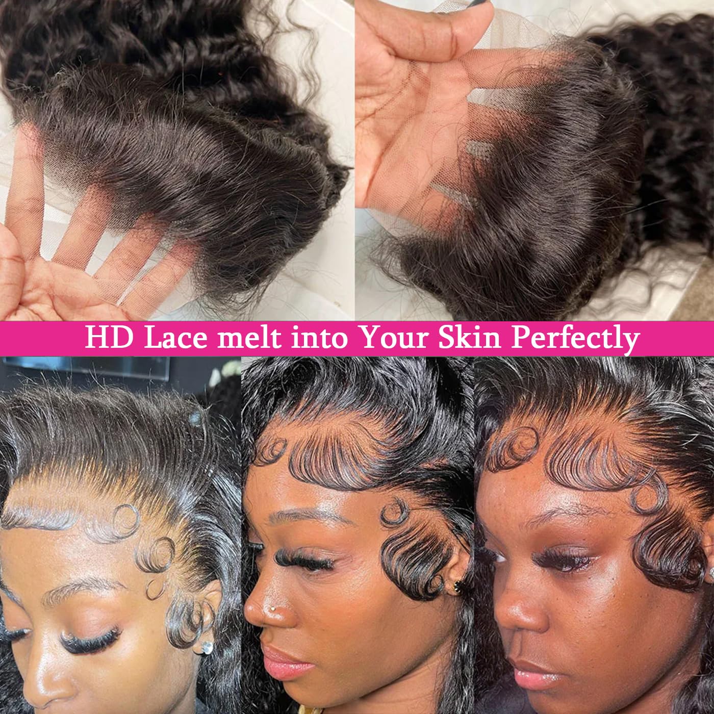13x6 Deep Wave Lace Front Wigs Human Hair Wigs for Black Women HD Transparent Deep Curly Lace Frontal Glueless Wigs Human Hair Pre Plucked with Baby Hair Natural Black 20 Inch