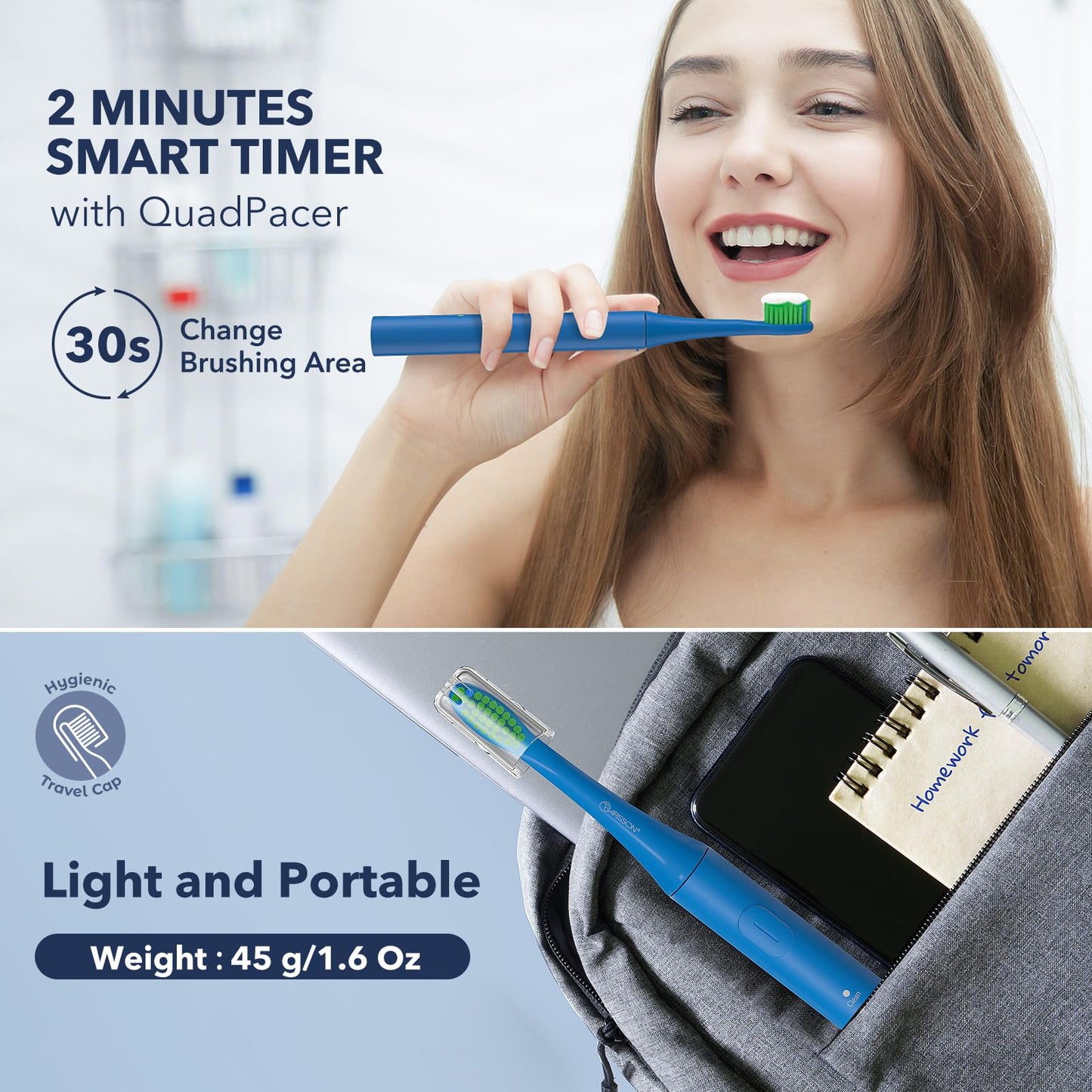 ARISSON Sonic Electric Toothbrush for Adults and Kids, 40,000 VPM Power Toothbrush, 1.5H Fast Charge Ultrasonic Electric Toothbrushes with 2 Minutes Smart Timer, 1.6 Oz Travel Toothbrush, Azure Blue