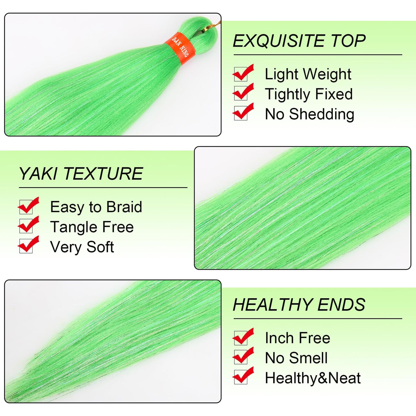 Neon Green Pre Stretched Braiding Hair With Tinsel Glitter 30 Inch Box Braid Hair Extensions Shinny 3 Packs Yaki Texture Pre Feathered Festival Braids Hair