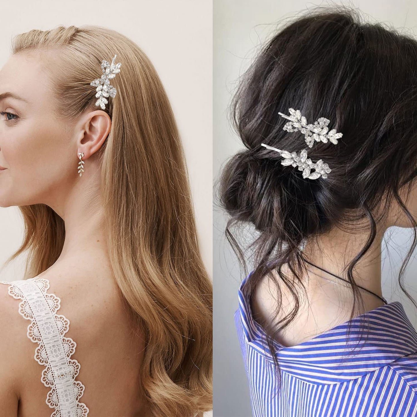 4 Pieces Bridal Hair Clips, Rhinestone Hair Accessories Leaf Wedding Hair Pins Crystal Bobby Pins Silver Hairpin Jewelry Barrette for Brides Bridesmaids Flower Girls (Elegant Type)