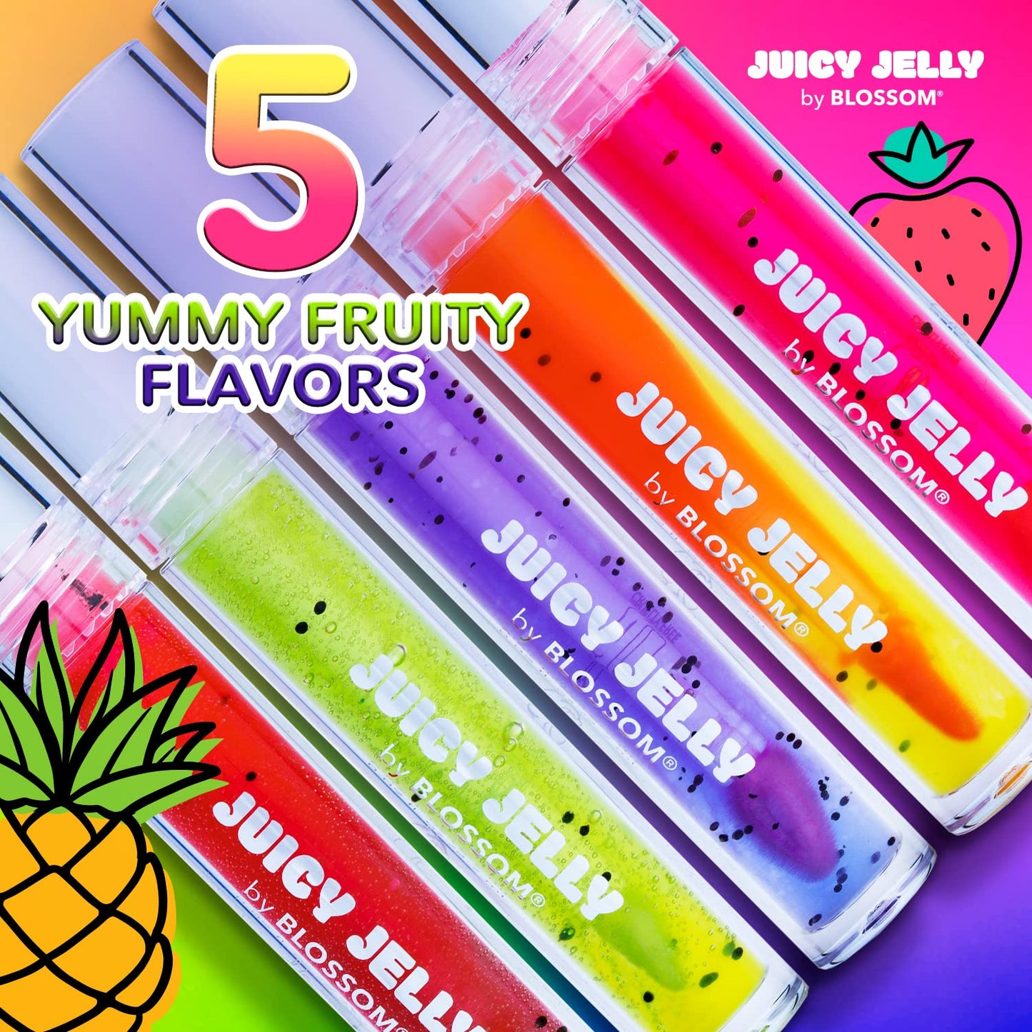 Blossom Juicy Jelly Moisturizing Lip Care Fruit Flavored Nourishing Lip Oil with Doe Foot Wand Applicator, 0.09 fl oz, Papaya