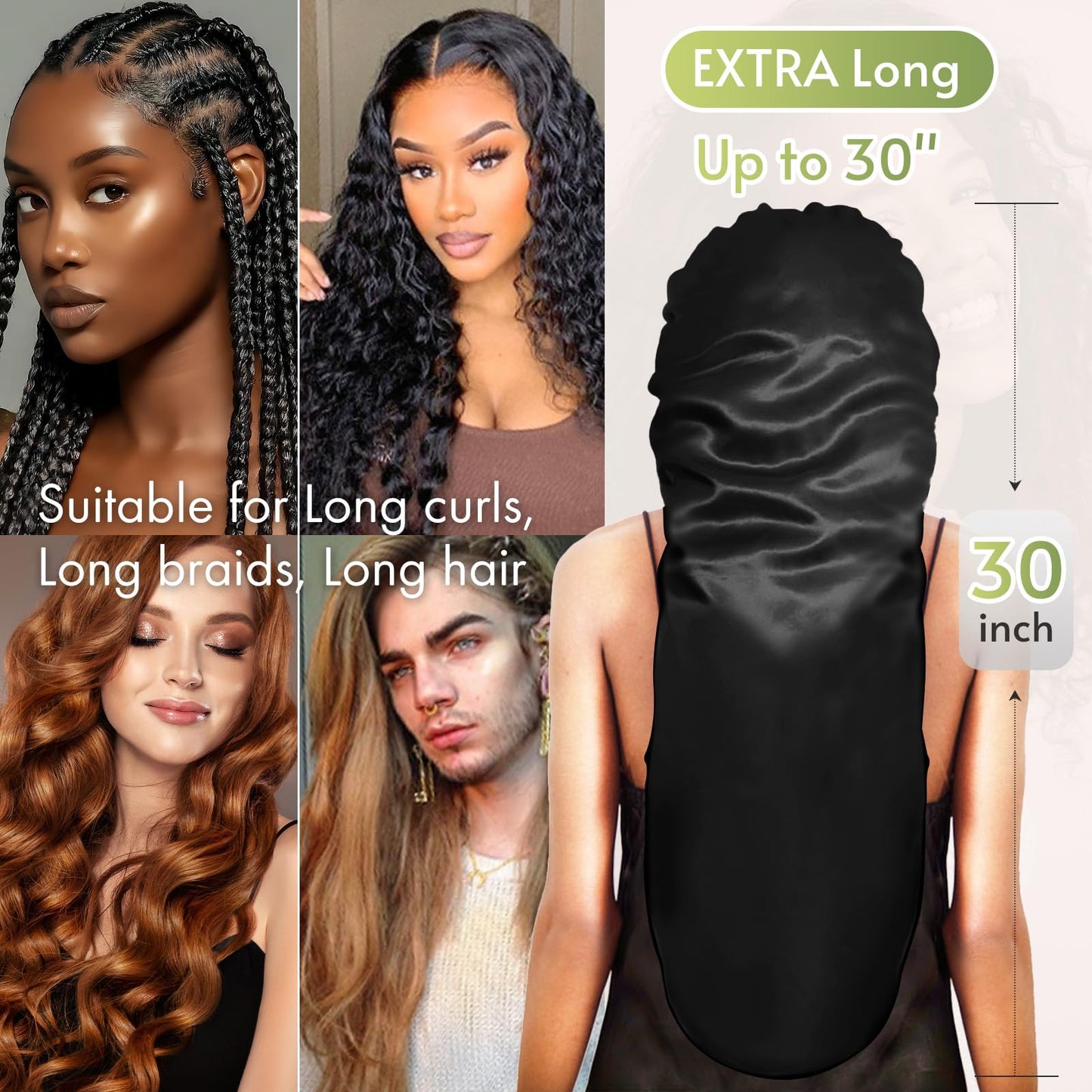BONNET QUEEN Braid Bonnet Silk Bonnet Foldable Extra Long Bonnet for Braids Satin Bonnet for Sleeping Hair Bonnet with Tie Band Long Sleep Cap Black
