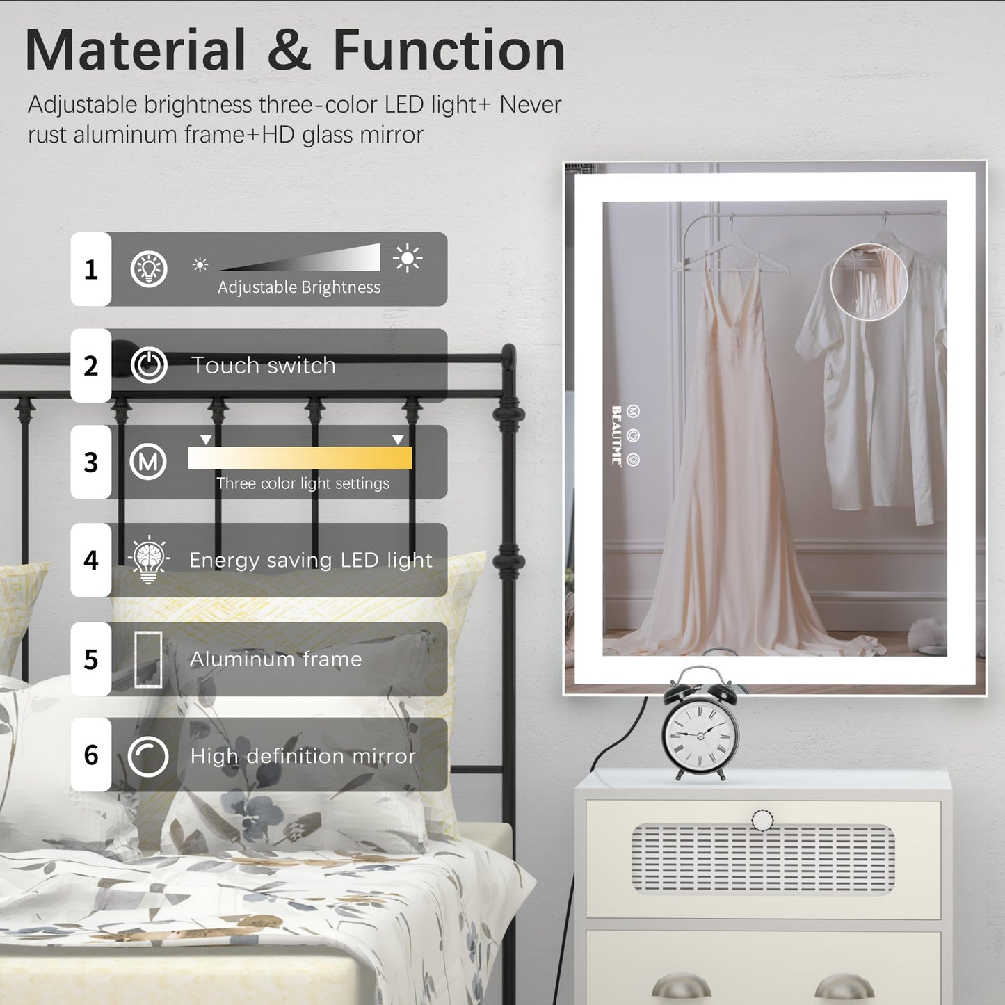 BEAUTME Vanity Mirror,Tabletop Makeup Mirror,Hollywood Mirror,LED Bedroom Mirror with Lights,Lighted Mirror, Aluminium Frame,48.5×40.5cm,White