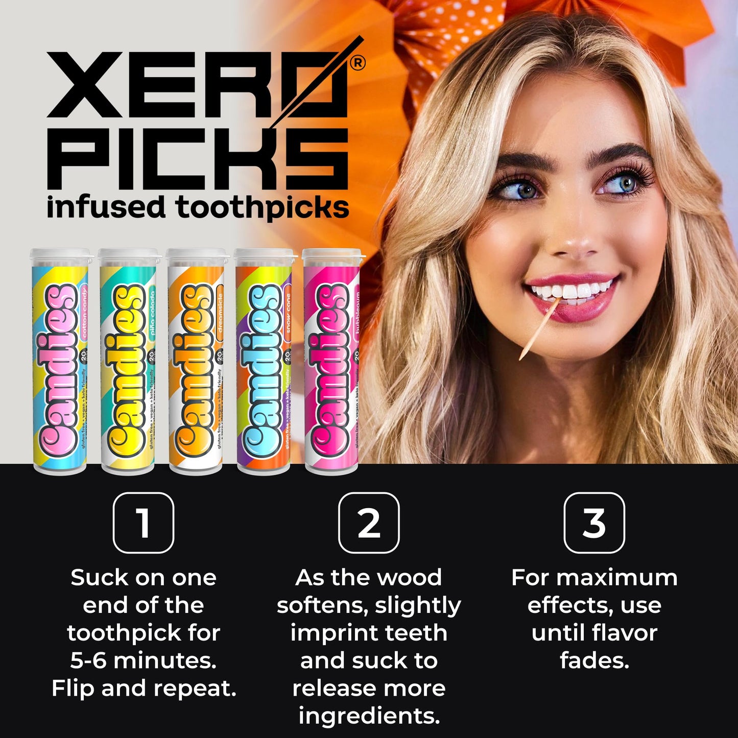Xero Picks Candies - Infused Flavored Toothpicks (Candies Variety, 5 Pack - 100 Picks) Bubblegum, Pina Colada, Orange Creamsicle, Cotton Candy, Snow Cone and Candy Cane