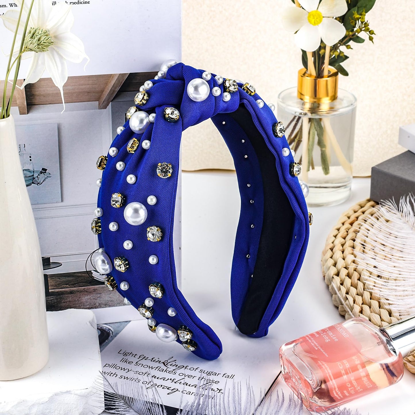 Zkptops Knotted Headband Pearl Rhinestone Headband for Women Beaded Wide Cute Adults Headwear Turban Bride Hairband Fashion Non Slip Sparkly Headpiece Hair Accessory Bachelorette Party Gift(Navy Blue)