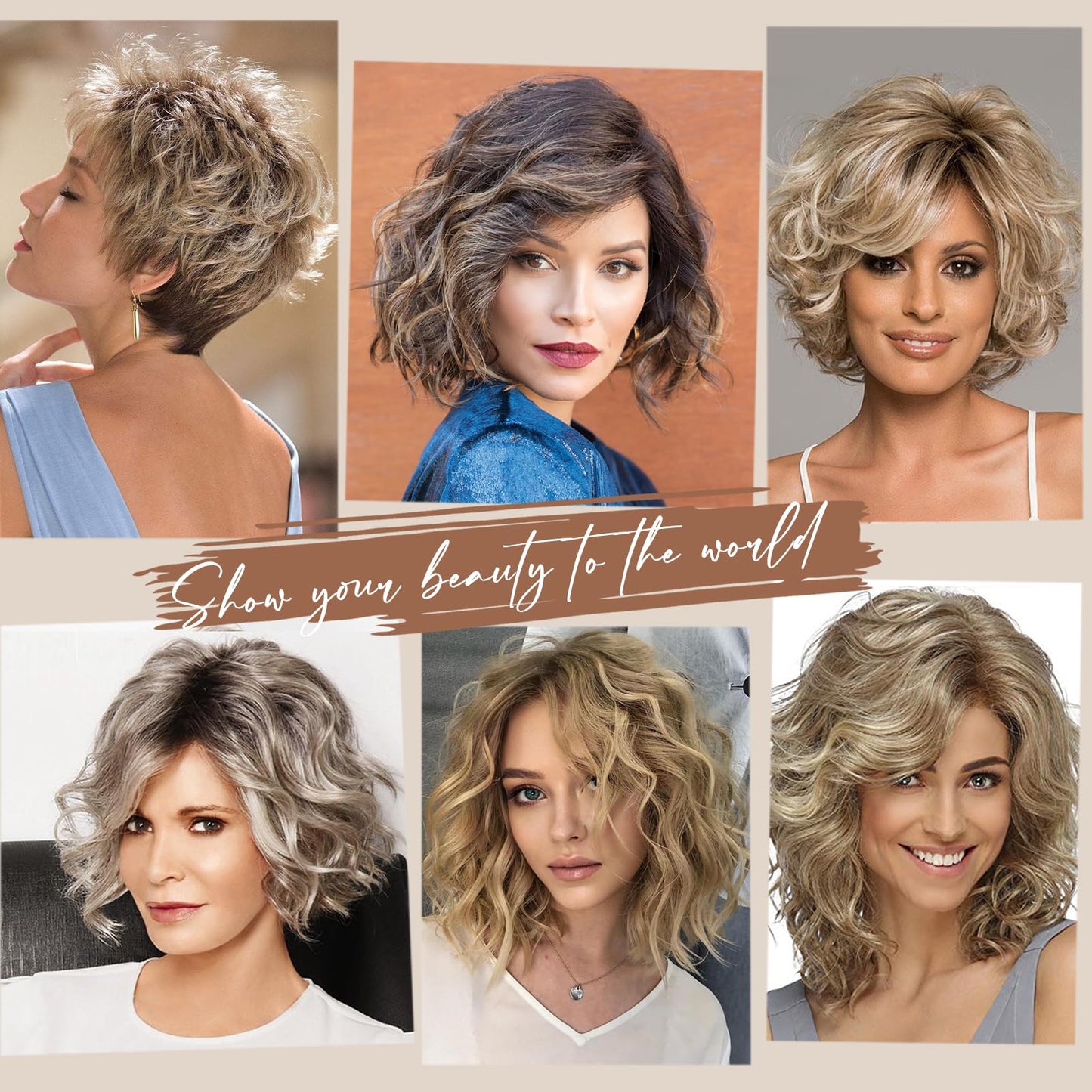 Aisaide Short Highlight Brown Curly Bob Wig Ombre Blonde Wavy Bob Wigs for Women Short Wavy Bob Wig Highlight Brown Layered Hair Wig Natural Synthetic Medium Length Wig for Daily Use