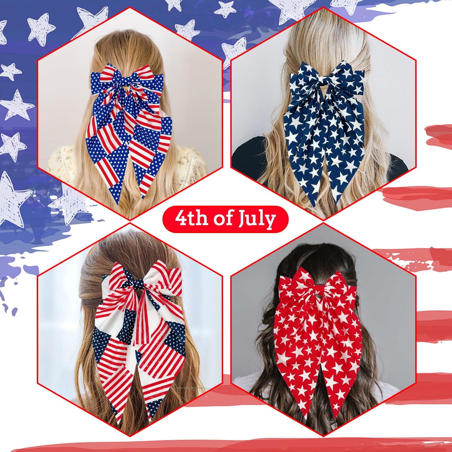 4th of July Large Patriotic Bow Hair Clips - American Flag Independence Day Hair Accessories for Girls, Toddlers, Kids, Little Girls