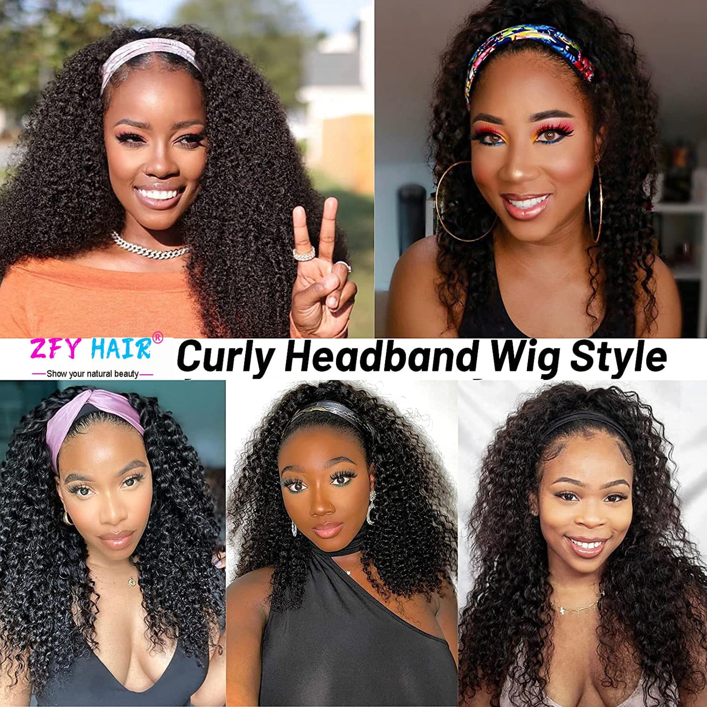ZFY 22 Inch Deep wave Headband Wig Human Hair 180% Density Curly Glueless Wigs Human Hair Wet and Wavy Headband Wigs for Women Natural Black Color