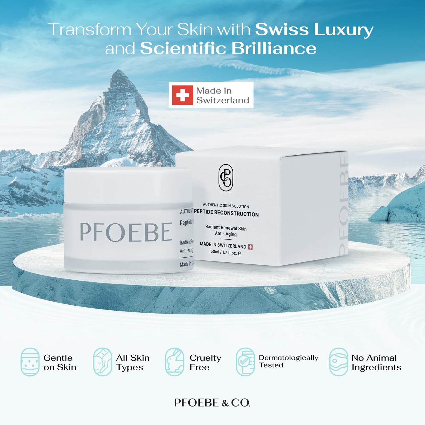 Pfoebe & Co. Peptide Reconstruction Cream | Face, Neck, Jawline, Decolletage | Swiss Glacier Water Infused | Firm & Tighten | Deep Care for Sun Damage | Time-Defying Hydration | Radiant Skin - 50ml