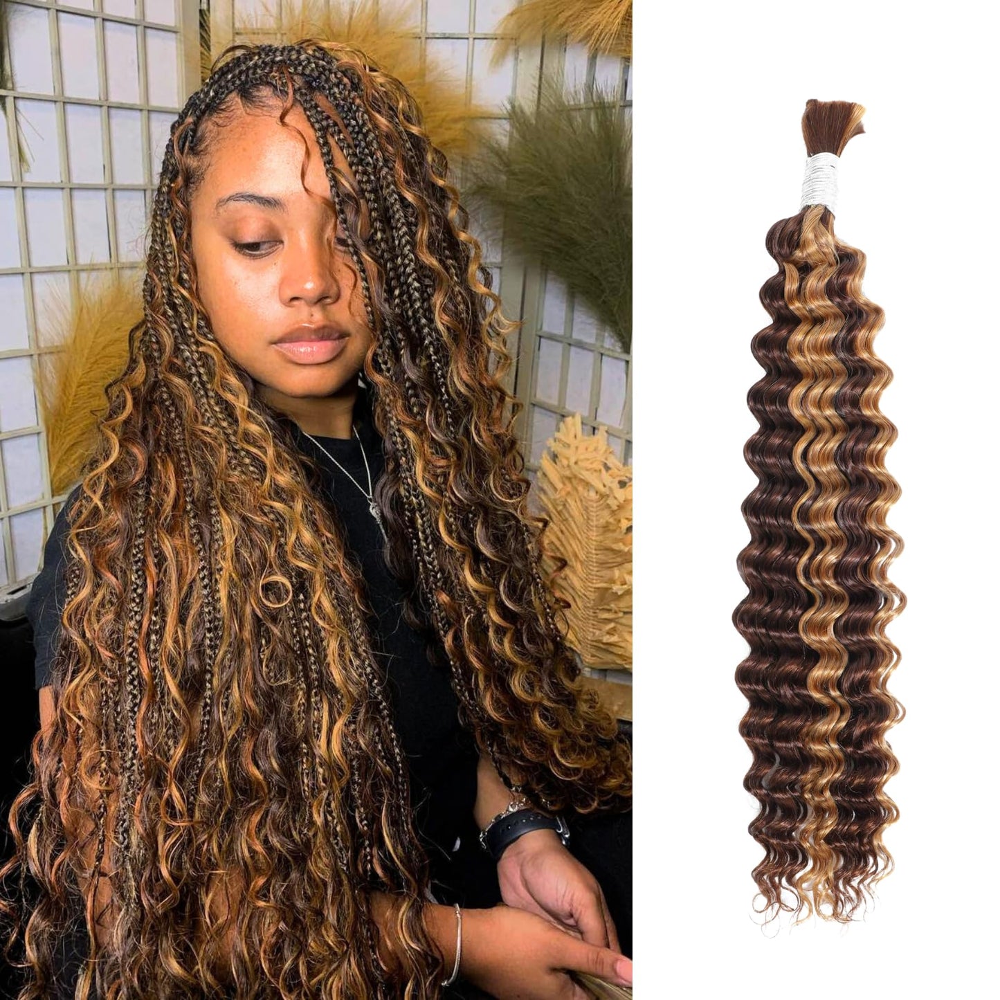 AUROO 10A Braiding Hair Deep Wave Bulk Human Hair For Braiding 24In,No Weft Honey Blonde Highlight Ombre Bundles Curly Micro Braiding Hair For Boho Knotless Braids 100% Virgin Human Braiding Hair 100g