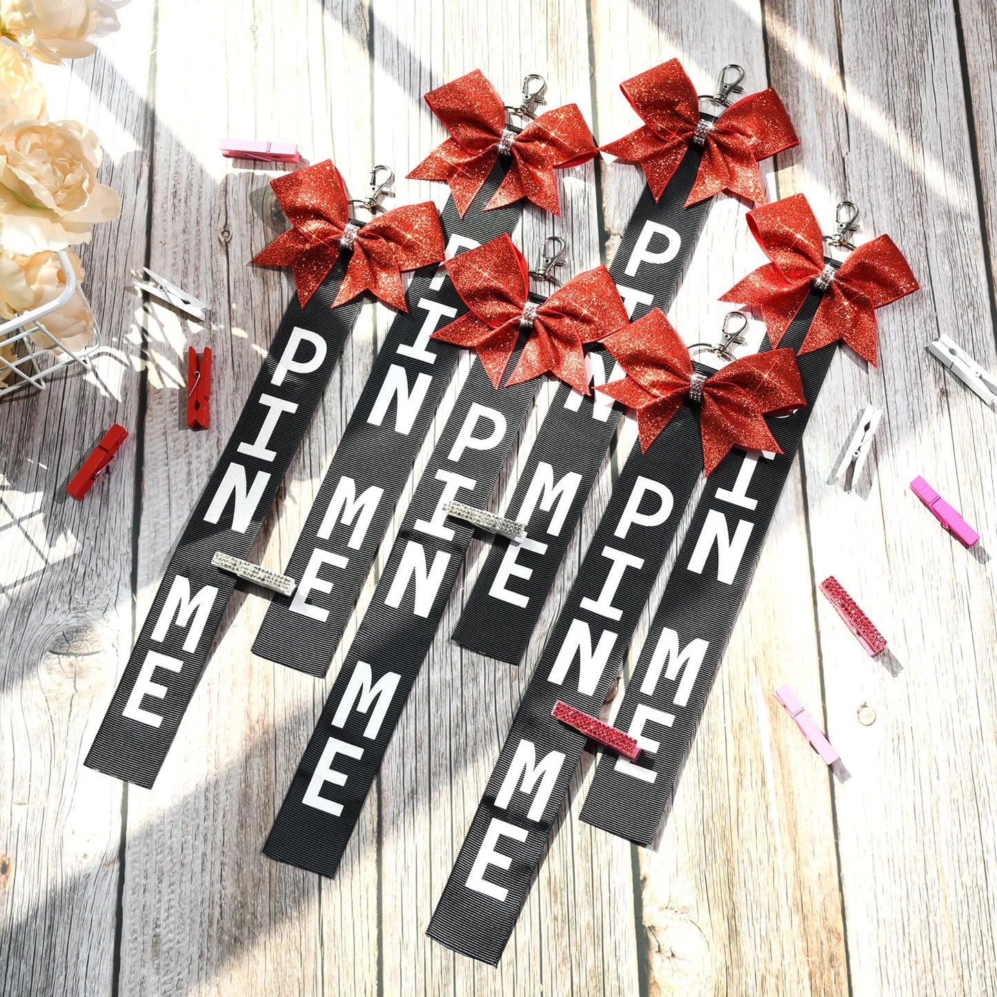 Aileam 6 PCS Cheer Pin Me Ribbon Cheer Bag Bow Keychain with Rhinestones Bow Pin Me Cheer Competition for Teen Girls Cheerleading Sports Accessory(Red Black)