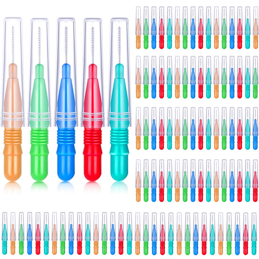 BBTO 100 Pcs Braces Dental Brush Flosser for Cleaner Interdental Brush Toothpick Dental Tooth Flossing Head Oral Dental Toothpick Cleaners Cleaning Tool (Red, Blue, Green, Light Green, Orange)