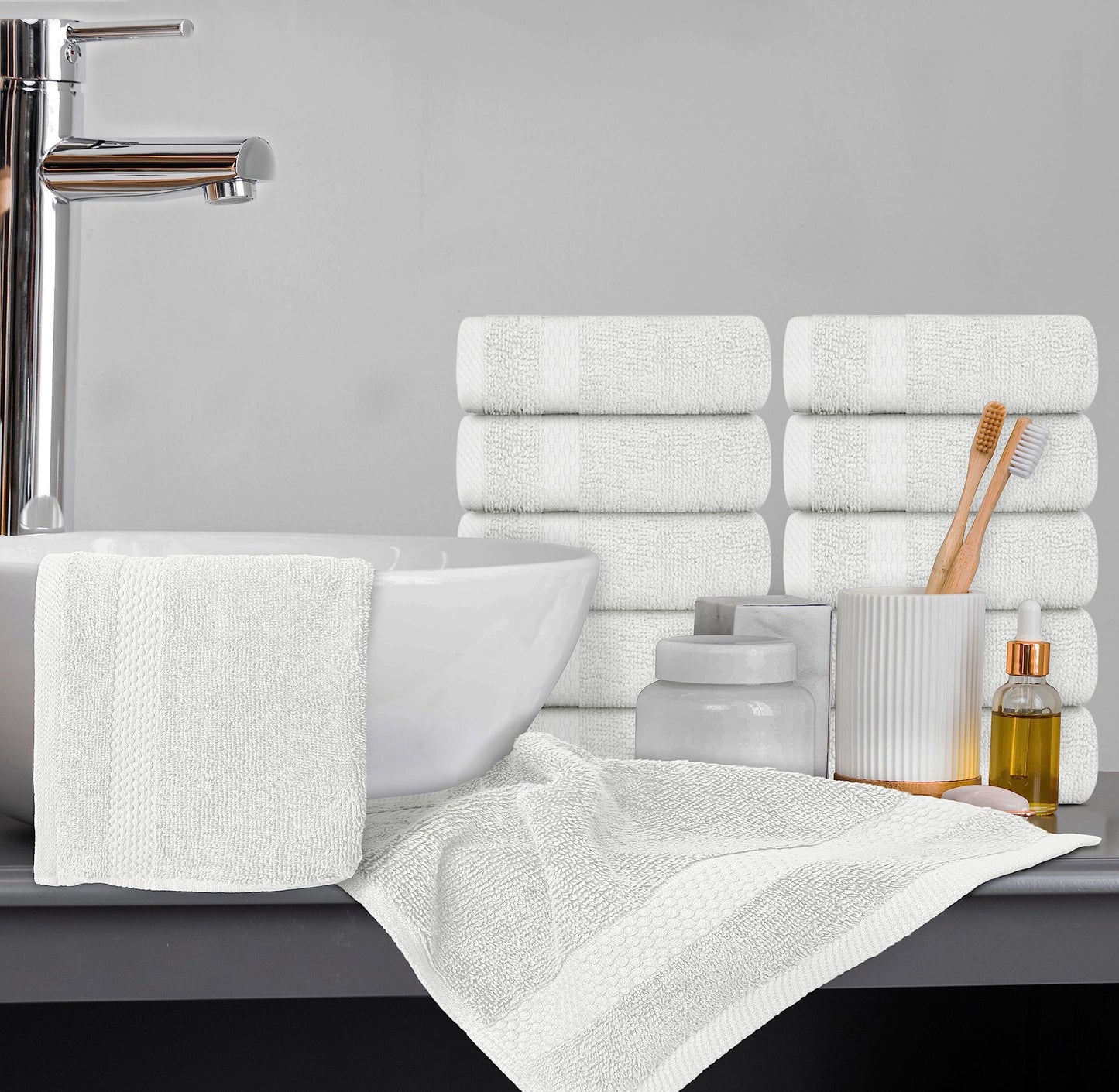 White Classic Luxury Cotton Washcloths - Large Hotel Spa Bathroom Face Towel | 12 Pack | Silver