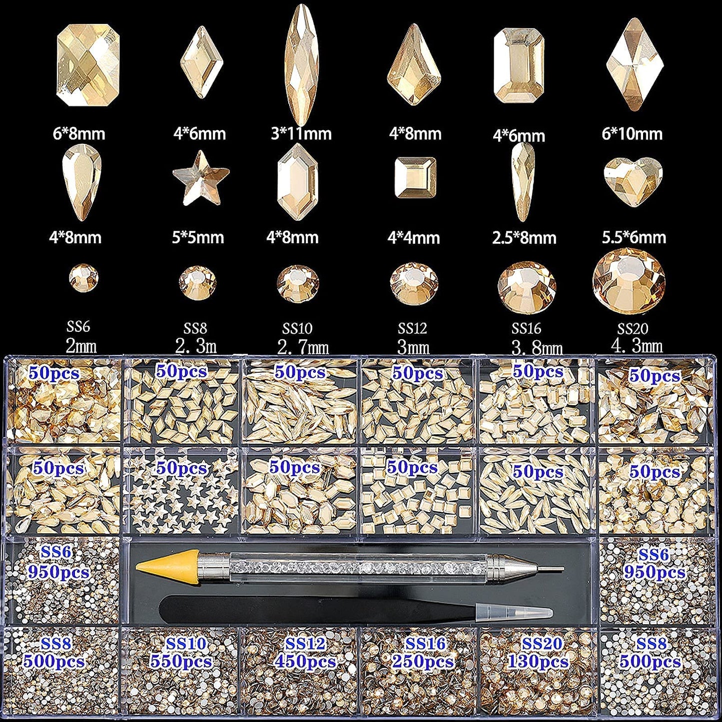 4880Pcs Rhinestones for Nail, AB Champagne Crystal Nail Rhinestones Set, Nail Round Beads Flatback Glass Gems Stones, Multi Shapes Nail Rhinestones for Nail DIY Crafts Clothes Shoes Jewelry