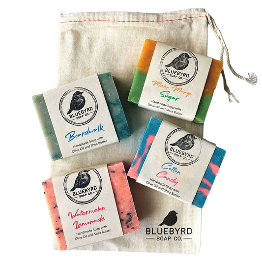 Bluebyrd Soap Co. Natural Kids Soap Bars Variety Pack of 4 | Childrens Body Wash Bar Soap Assorted Set | Gift for Teens & Kids | Colorful Organic Soap Gift Set for Kids, Usa Made Natural (PACK 1)