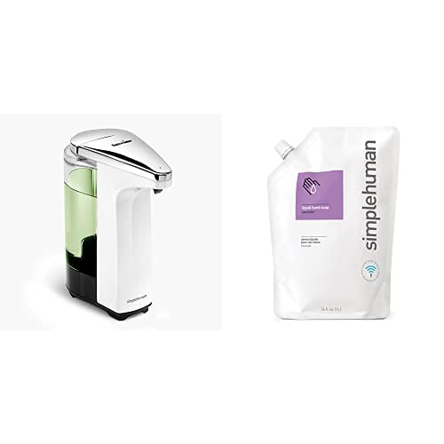 simplehuman 8 oz. Touch-Free Sensor Liquid Soap Pump Dispenser with Soap Sample, White & Lavender Moisturizing Liquid Hand Soap Refill Pouch, Purple, 34 Fl Oz