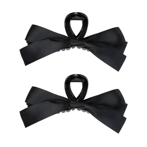 WOVOWOVO Black Bow Hair Clips, 2Pcs Bow-knot Hair Bows for Women Girls Large Claw Clips for Thick Thin Curly Hair Non-slip Satin Hair Bow Clips Elegant Hair Styling Accessories