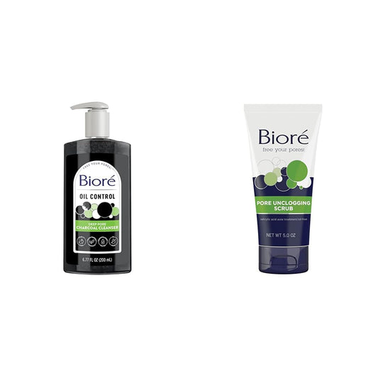 Bioré Deep Pore Charcoal Face Wash, Facial Cleanser for Dirt and Makeup Removal From Oily Skin, 6.77 Ounce & Bioré Pore Unclogging Scrub, Removes Excess Dirt and Oils, Face Scrub