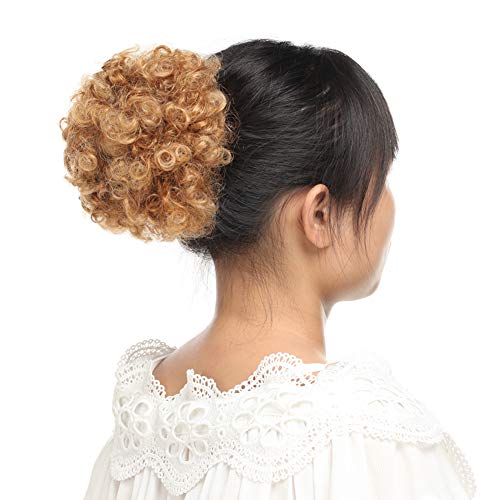Benehair Messy Bun Hair Piece Afro Puff Drawstring Updo Kinky Curly Scrunchy Hair Bun Ponytail Puff Chignon Extensions Thick Fluffy Hairpiece with 2 Clips for Black Women Dark Black Medium Size