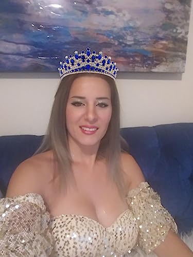 SH Metal Tiaras and Crowns for Women, Crystal Wedding Tiara for Bride, Rhinestone Queen Crown, Bridal Costume Hair Accessories for Birthday Prom Pageant Quinceanera Celebration, Blue