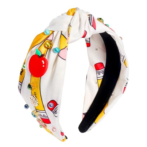 Teacher Headbands for Women Rhinestone Knotted Headband with Pencil Apple Charms Sparkle Pearl Crystal Hairband Top Knot Hair Accessories for Back To School Outfits Teacher Appreciation Gifts 1PCS