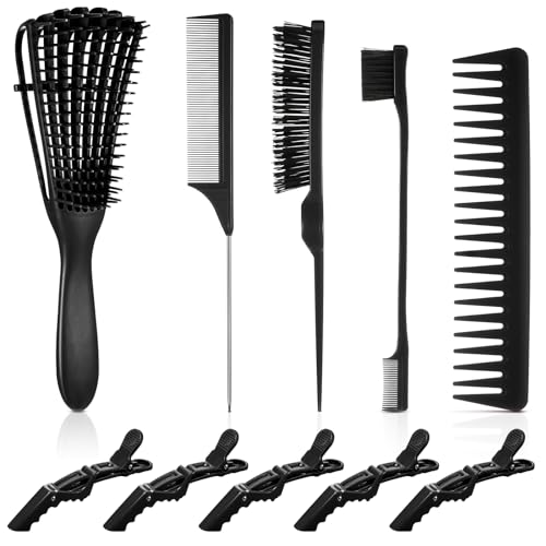 Boao 10 Pcs Hair Styling Kit - Detangler, Wide Tooth Comb, Teasing Brush, Rat Tail Comb, Edge Brush, Alligator Clips for Curly, Wet Hair - Gift for Women & Girls (Pink)