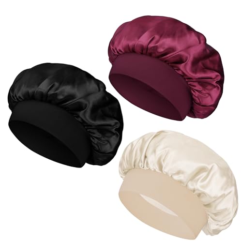 Silk Bonnet Satin Hair Bonnet for Sleeping Women Men Night Cap Sleep Bonnet Hat Hair Cap 3 Pack with Wide Band for Curly Hair(Black+Burgundy+Beige)