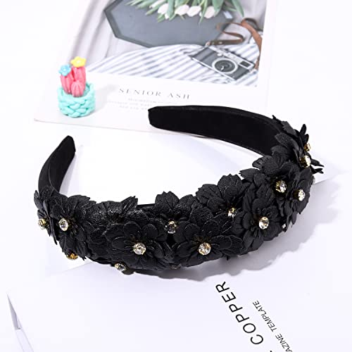 Padded Flower Crystal Headbands Leather Floral Hairband Rhinestone Embellished Wide Hair Hoop Solid Color Daisy Flower Hair Band Accessories for Women Girls Wedding Birthday Party