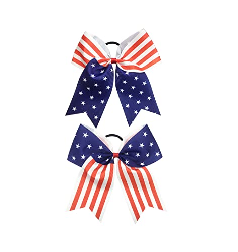 Patriotic Flag Cheer Ponytail Holder Girls Cheerleader Bowknot Hair Bow Tie JHN10 (-2 Pcs Set-)